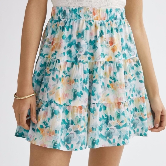 Anthropologie Cloth & Stone Green White Floral A-Line Mini Tiered Skirt SZ Large - Picture 5 of 9